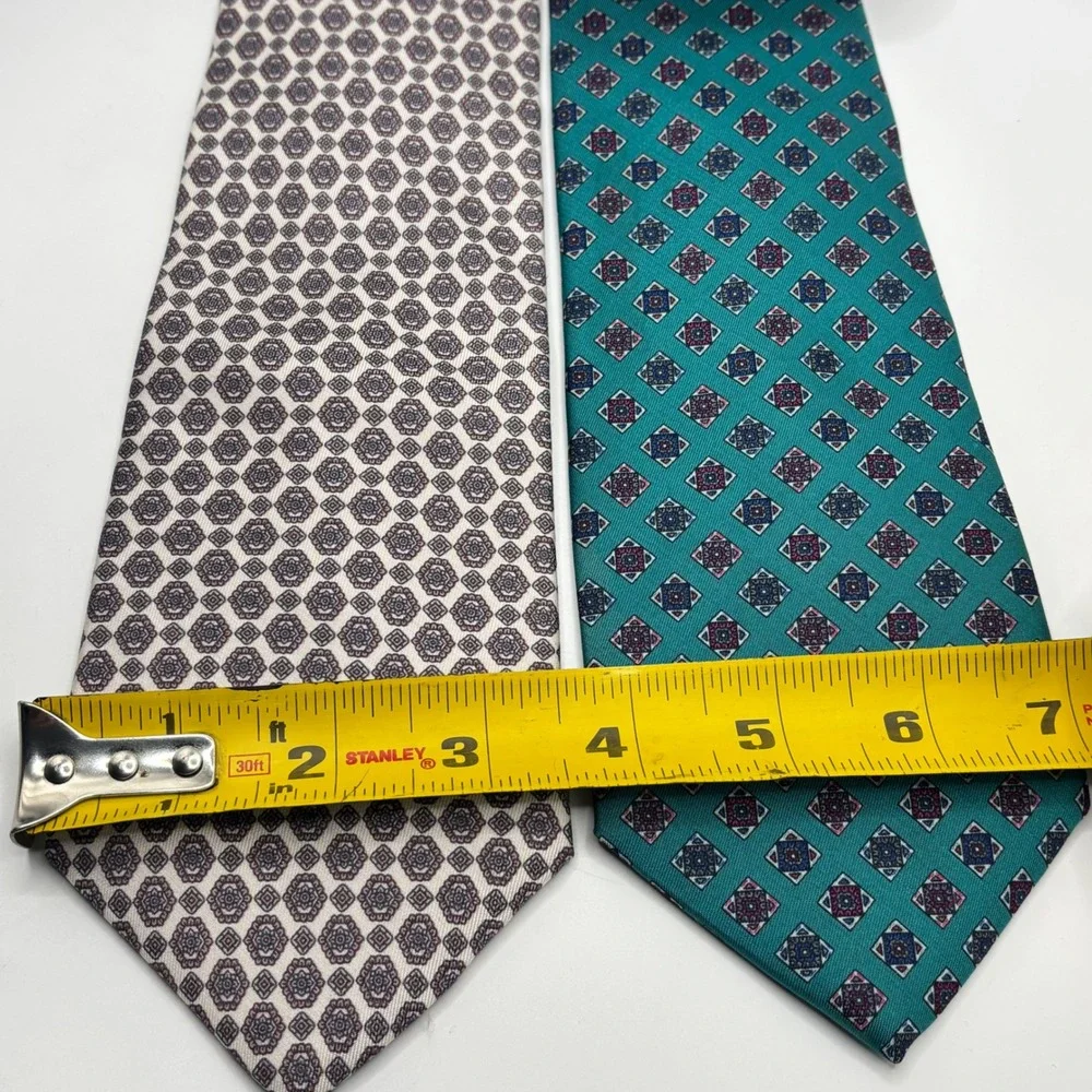 Halston Mens Silk Tie‎ Lot 2 Teal Green Cream Geometric Medallion Italian Silk